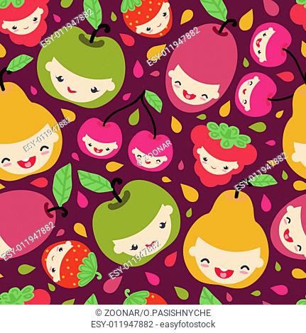 Happy fruit characters seamless pattern