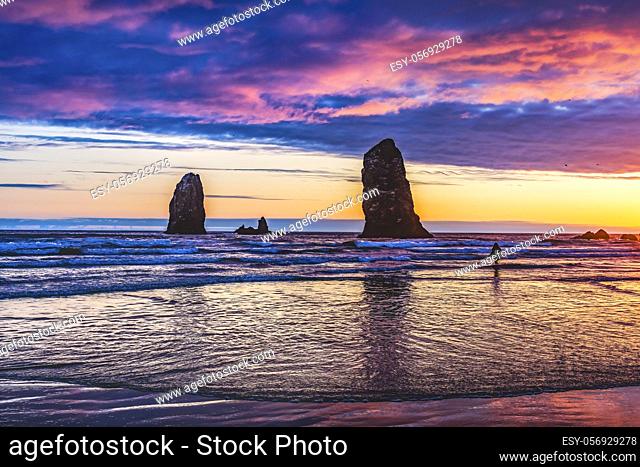 Colorful Sunset Sea Stacks Canon Beach Clatsap County Oregon. Orginally discovered by Clark of Lewis Clark in 1805