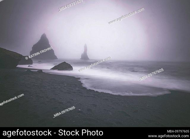 Iceland, Reynisdrangar, Vik i Myrdal, Black Beach, Rocks, Fog