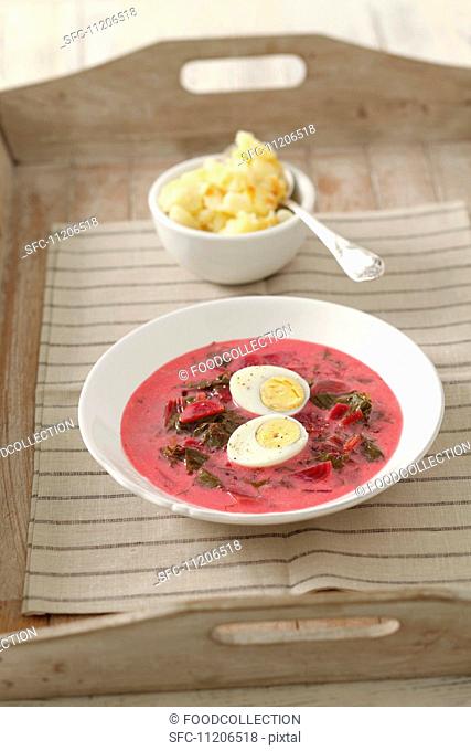 Botwinka (Polish beetroot soup) with egg
