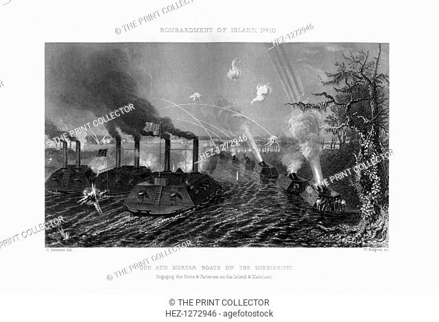 Bombardment of Island Number Ten, Mississippi River, 7 April 1862, (1862-1867). Union ironclad warships bombarding the Confederate-held fortified island in the...