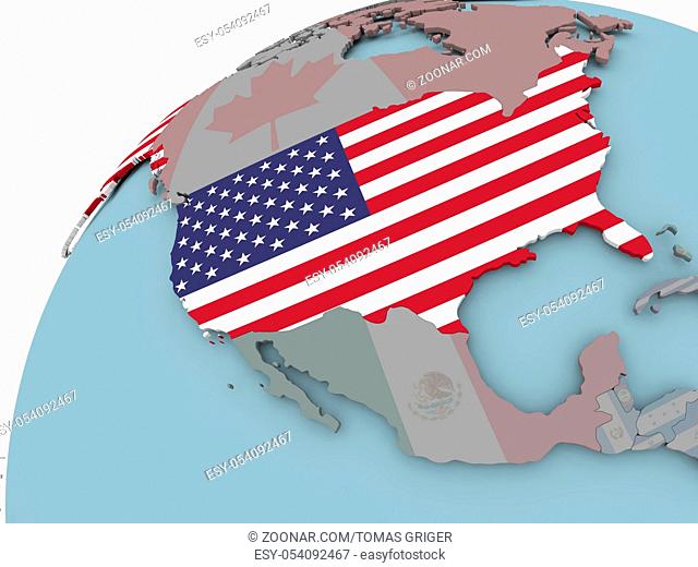 USA on political globe with embedded flags. 3D illustration