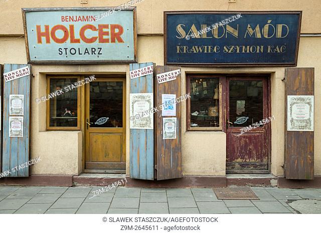Restaurant front in Kazimierz, the historic Jewish quarter in Krakow, Poland, stylized to look like old shops