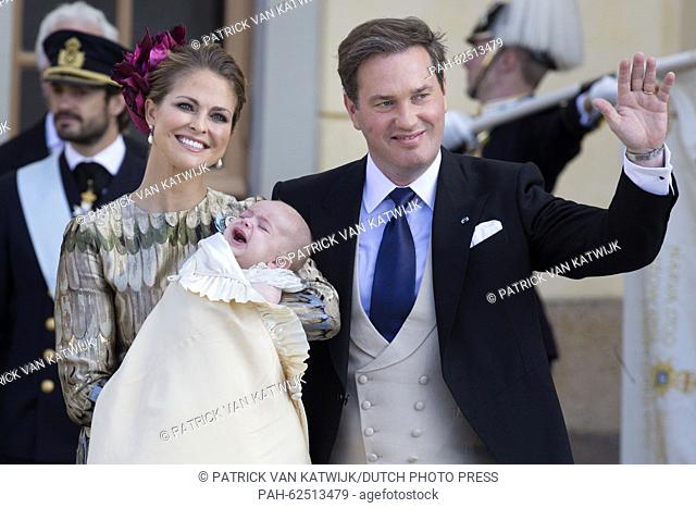 Princess Madeleine, Chris O'Neill and Prince Nicolas at the christening of Prince Nicolas in the Royal Chapel at Drottningholm Palace, Stockholm