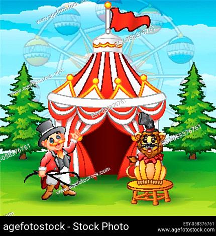 Vector illustration of Cartoon tamer and lion on the circus tent background