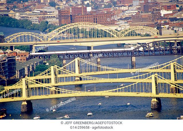 Allegheny River bridges viewed from the Duquesne Incline at Mount Washington. Pittsburgh, Pennsylvania. USA