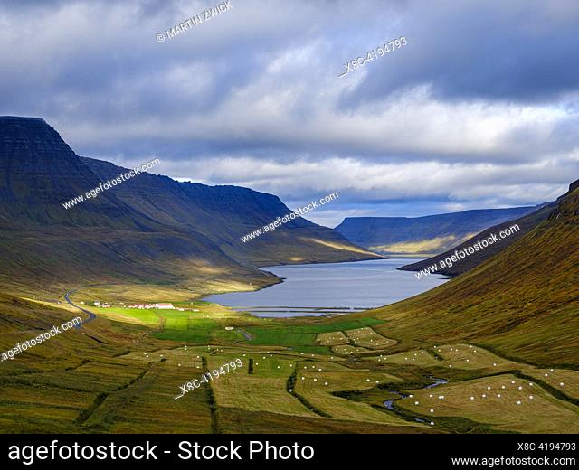 Landscape in Botnsdalur and Sugandafjoerdur. The Westfjords (Vestfirdir) in Iceland during autumn. Europe, Northern Europe, Iceland