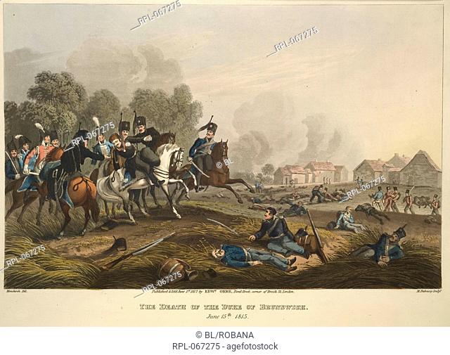 The death of Frederick William, the Duke of Brunswick, at the Battle of Waterloo. Image taken from Historic, Military, and Naval Anecdotes of particular...
