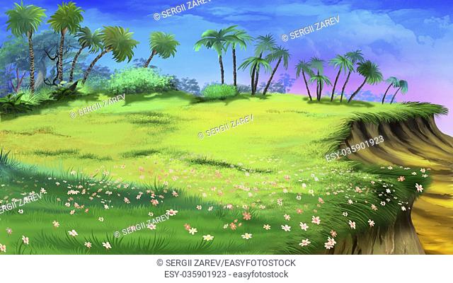 Digital painting of the tropical glade with palms, grass, flowers and precipice