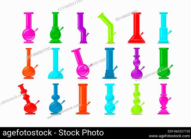 icon logo set. 18 isolated bongs. All in flat syle, lovely bright and stylish. Marijuana shop poster for sale
