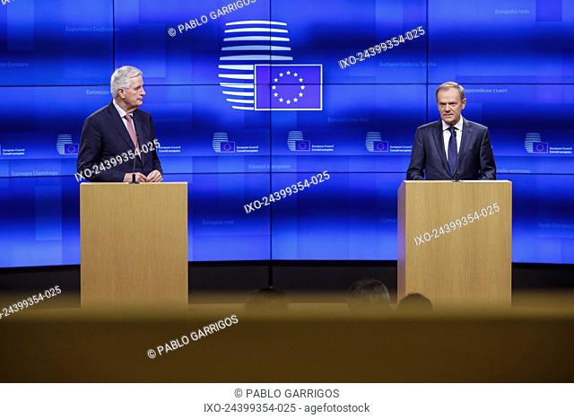 Brussels , 15/11/2018 European Union chief Brexit negotiator Michel Barnier and European Council President Donald Tusk give a press point after meeting at the...