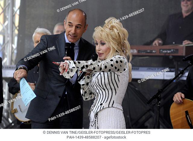 Dolly Parton (with Matt Lauer) performs On NBC's 'Today' at Rockefeller Plaza on May 13, 2014 in New York City | usage worldwide