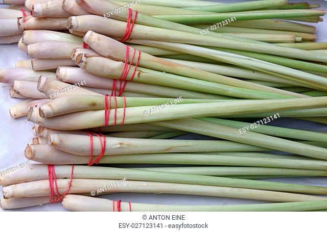 Bunches of fresh green lemongrass, traditional food ingredient of Asian cuisine, on retail farmers market, close up, elevated top view, high angle