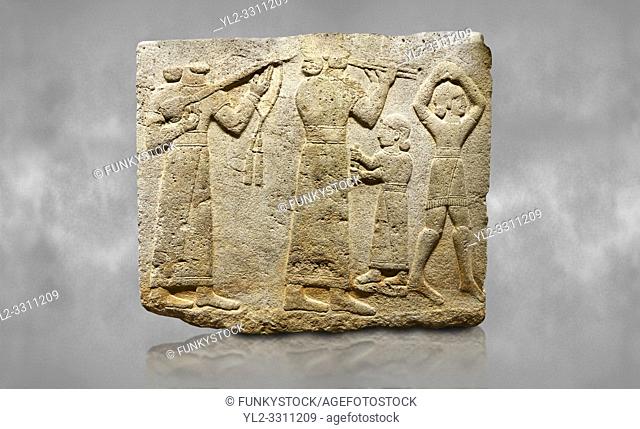 Hittite monumental relief sculpted orthostat stone panel of Procession. Limestone, KarkamÄ±s, (KargamÄ±s), Carchemish (Karkemish), 900-700 B. C