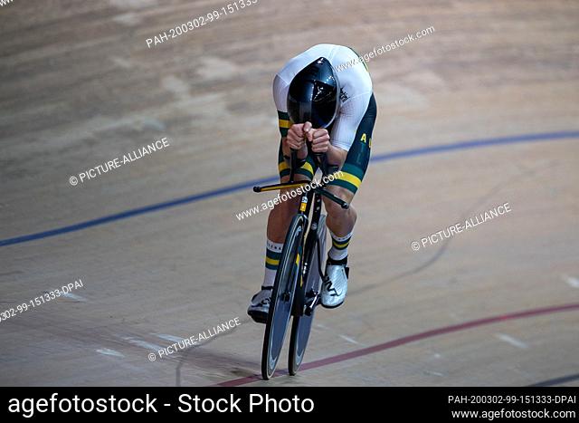 28 February 2020, Berlin: Cycling/track: World Championship, 1000m time trial, qualification: Cameron Scott from Australia rides on the track