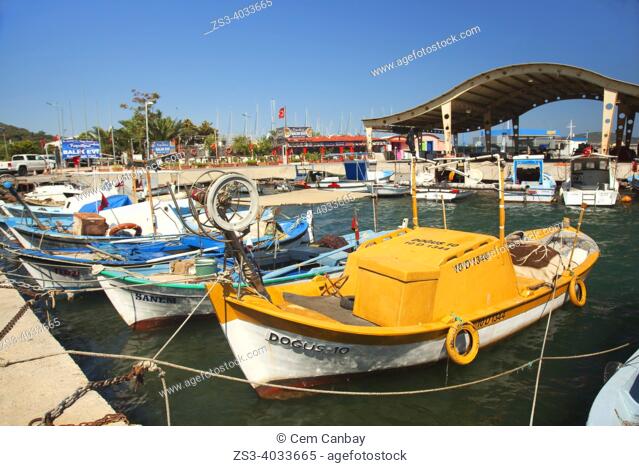 Traditional fishing boats inside the harbor of ancient Kydonies todays Ayvalik town, Balikesir, Aegean Region, Turkey, Europe