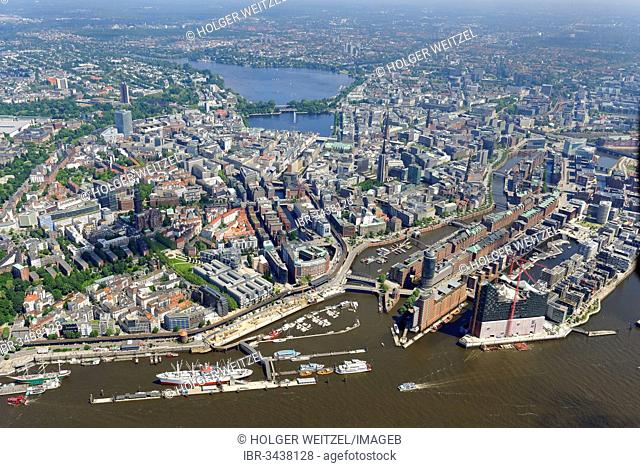 Aerial view, inner city of Hamburg from the Elbe River to Alster Lake, with the historic Speicherstadt warehouse district