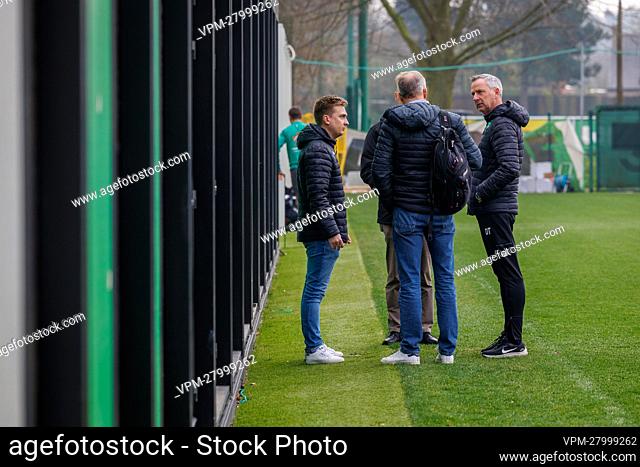 Cercle's spokesman Louis-Philippe Depondt, Cercle's CEO Ben Lambrecht and Cercle's head coach Dominik Thalhammer pictured at Belgian soccer team Cercle Brugge