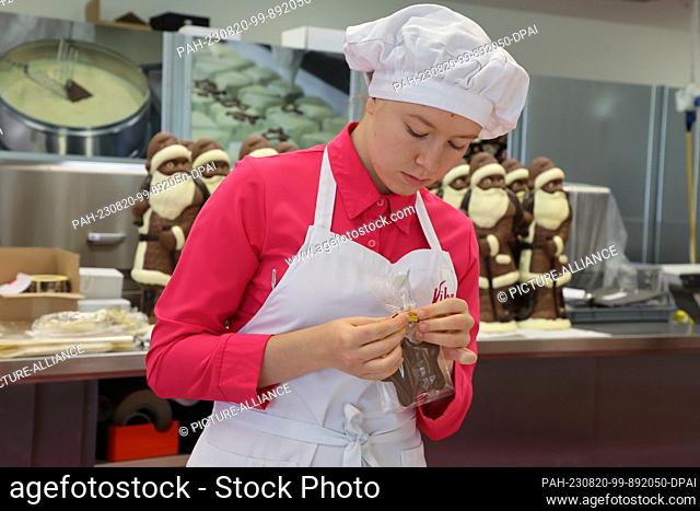 17 August 2023, Thuringia, Schmalkalden: Employee Paula Wellner packs poinsettias in Viba production. Viba is a medium-sized confectionery company from...