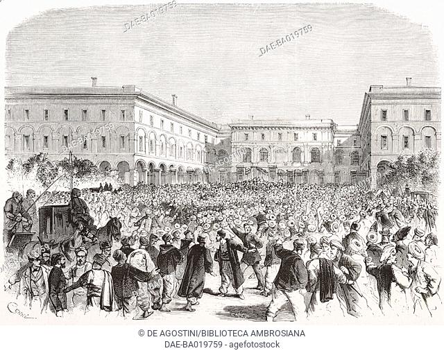 Softa demonstration in front of the Parliament, 24 May, 1877, Istanbul, Turkey, engraving from L'Illustrazione Italiana, No 23, June 10, 1877