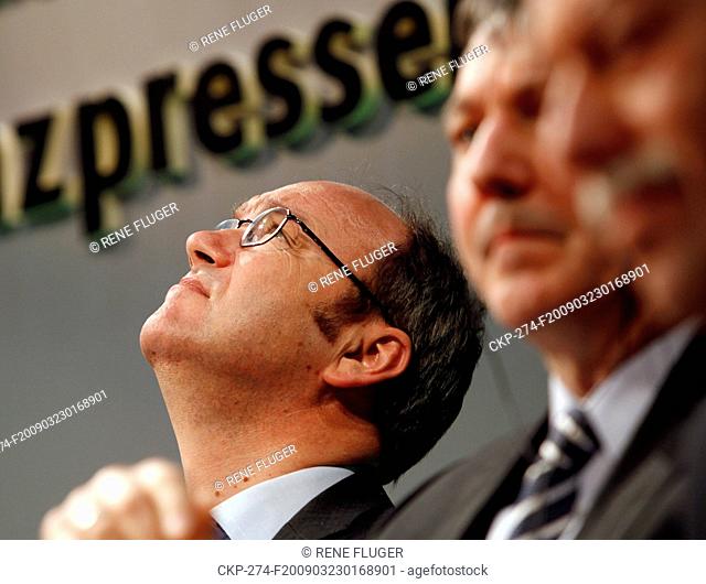 Skoda Auto Members of the Board, from left to right, Fred Kappler, Klaus Dierkes and Horst Muehl listen to questions during annual press conference in Prague on...