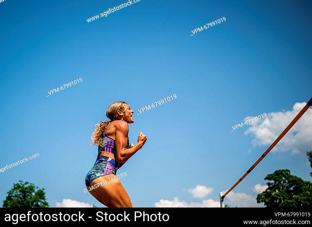 US Anna Hall pictured in action during the high jump event of the women's heptathlon competition, at the women's heptathlon event on the first day of the...