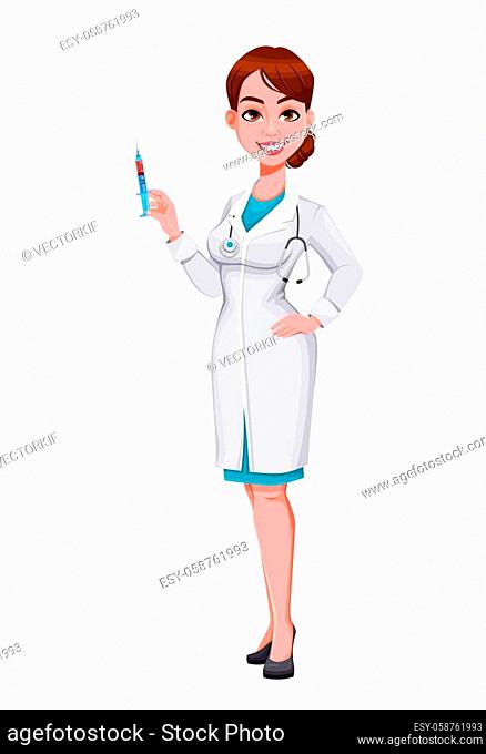 Stock vector cheerful doctor cartoon character. Beautiful young woman doctor  holding documents, Stock Vector, Vector And Low Budget Royalty Free Image.  Pic. ESY-058659397 | agefotostock