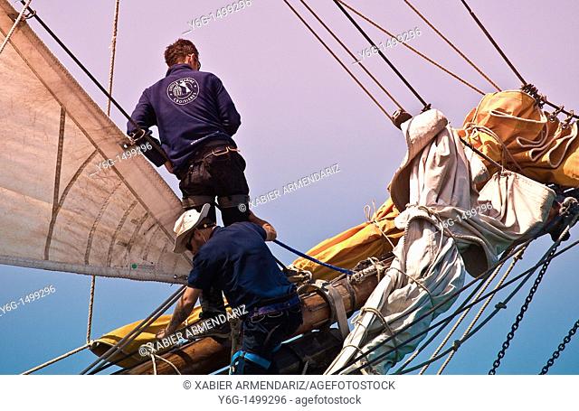 Workin in the bowsprit, Bay of Morbihan, Brittany, France, Europe