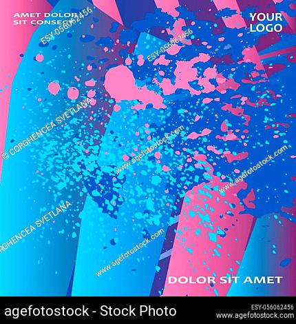 Artistic cover frame design paint splatter vector illustration. Blurred pink blue color gradient. Abstract texture geometric striped pattern trend background