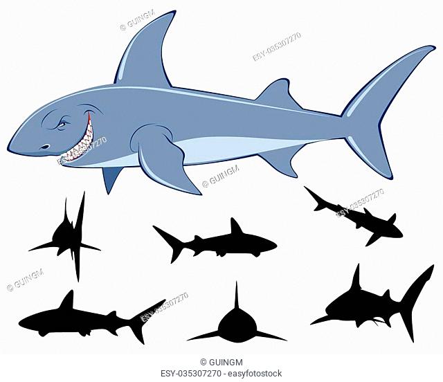 Vector illustration of a shark and six sharks silhouettes
