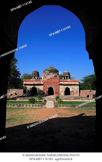 Isa Khan's Mosque built in 1547 A.D. in Humayun's tomb complex made from red sandstone and white marble persian influence in mughal architecture , Delhi