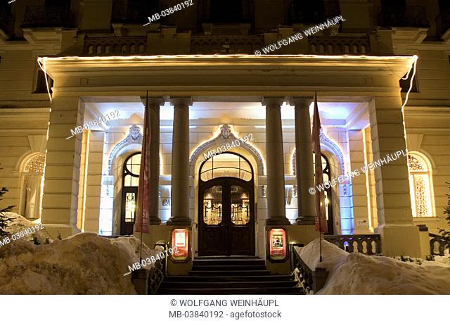 Austria, Salzburg, bath guest-in, Casino, at the beginning of area, illumination, Evening,  Grand hotel de l'Europe, buildings, Spielcasino, casino, entrance