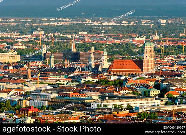 Aerial view of Munich center from Olympiaturm (Olympic Tower) on sunset. Munich, Bavaria, Germany