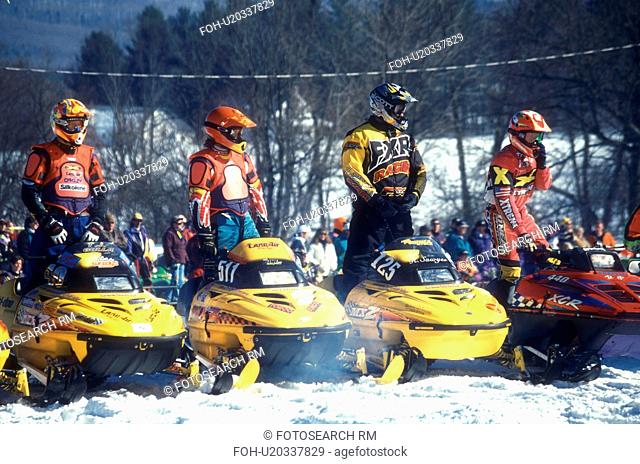 snowmobile, race, winter, Waitsfield, VT, Vermont, Drivers lined up with their snowmobiles to begin the Snowmobile Race at the Mad River Valley Winter Carnival...