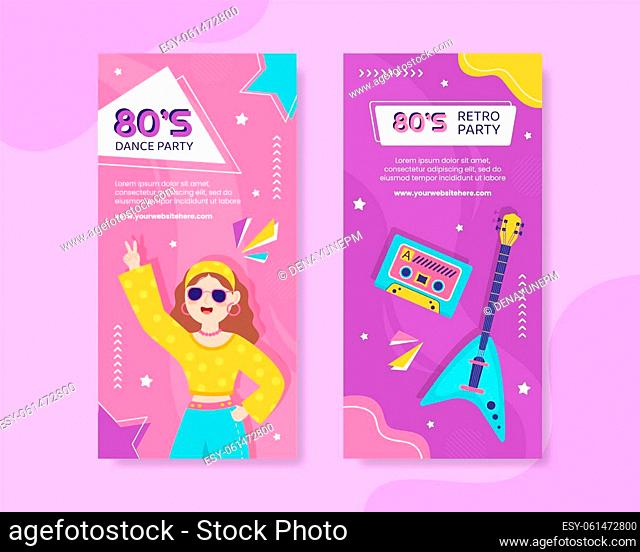 80s Party Vertical Banner Template Flat Cartoon Background Vector Illustration