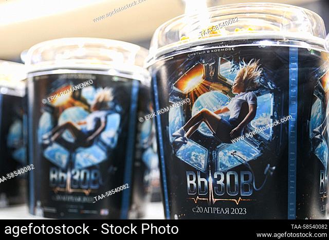 RUSSIA, ROSTOV-ON-DON - APRIL 20, 2023: Popcorn buckets advertise the 2023 Russian drama film The Challenge, premiering in Russia on April 20