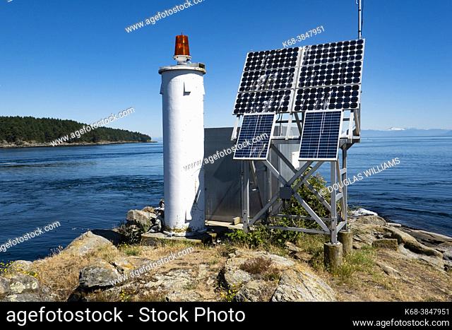 Solar panels power the light at Porlier Pass, Galiano Island, Gulf Islands, British Columbia, Canada