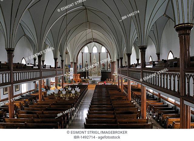 Interior of the historic wooden Church of La Verniere, L'Etang du Nord, Ile du Cap aux Meules, Iles de la Madeleine, Magdalen Islands, Quebec Maritime, Canada