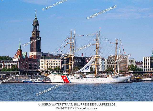 The ""Eagle"" is the sail training ship of the United States Coast Guard located in the Port of Hamburg on the St. Pauli-Landungsbrucken in front of the Rickmer...