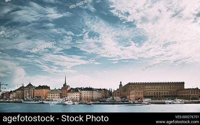 Stockholm, Sweden. Scenic Famous View Of Embankment In Old Town Of Stockholm At Summer. Gamla Stan In Summer Evening. Famous Popular Destination Scenic Place...