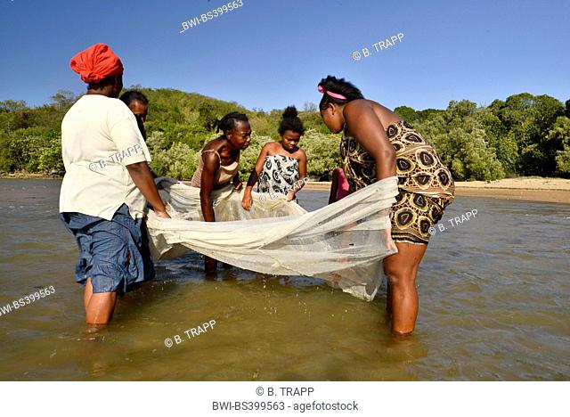 African women are fishing with a curtain, Madagascar, Nosy Be, Lokobe Reserva