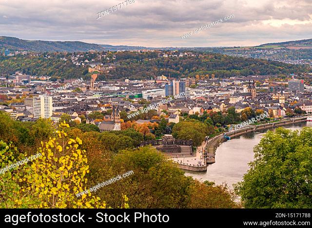 Koblenz, Rhineland-Palatine, Germany - October 15, 2019: View from Ehrenbreitstein over Koblenz, the German Corner, the River Rhine and Moselle