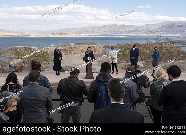 United States Vice President Kamala Harris gives remarks at sunset view scenic overlook while touring Lake Mead in Boulder City, Nevada, U.S