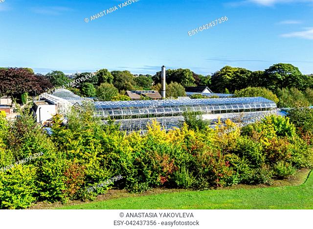 A view of David Welch Winter Gardens from top of the Mound (artificial hill) in Duthie Park, Aberdeen, Scotland