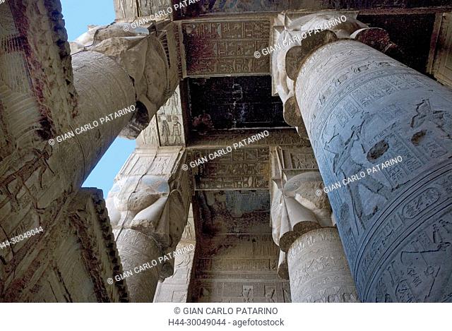 Egypt, Dendera, Ptolemaic temple of the goddess Hathor.View of ceiling and columns