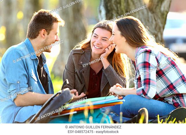 Three happy students talking after classes sitting on the grass outside in a park