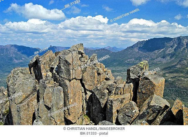 Rocky summit of Mt Pelion East on Overland Track in Cradle Mountain Lake St Clair Nationalpark Tasmania Australia