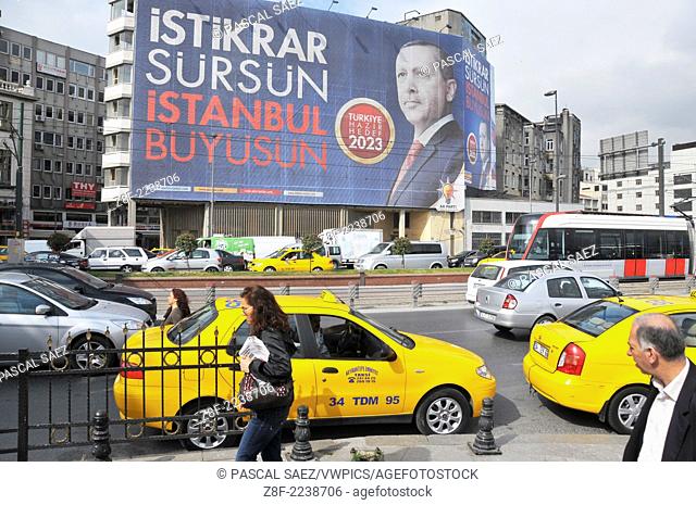 Large election campaign billboards of Turkey's ruling AKP party with portraits of AKP leader and current prime minister Recep Tayyip Erdogan in Istanbul