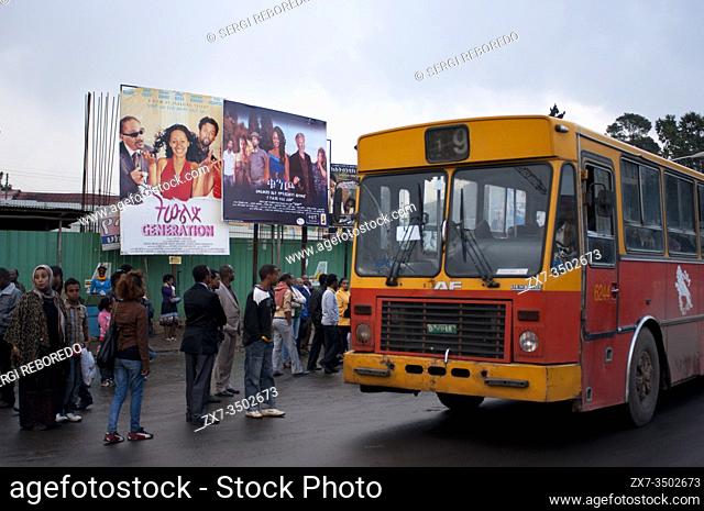 An public bus cruising the streets of downtown Addis Ababa. The most populous city in Ethiopia with a population of 3, 384, 569 inhabitants