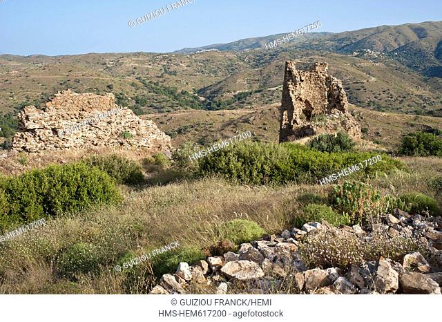 Greece, Chios Island, the picturesque village of Volissos topped by a Medieval castle, the ruins of the castle